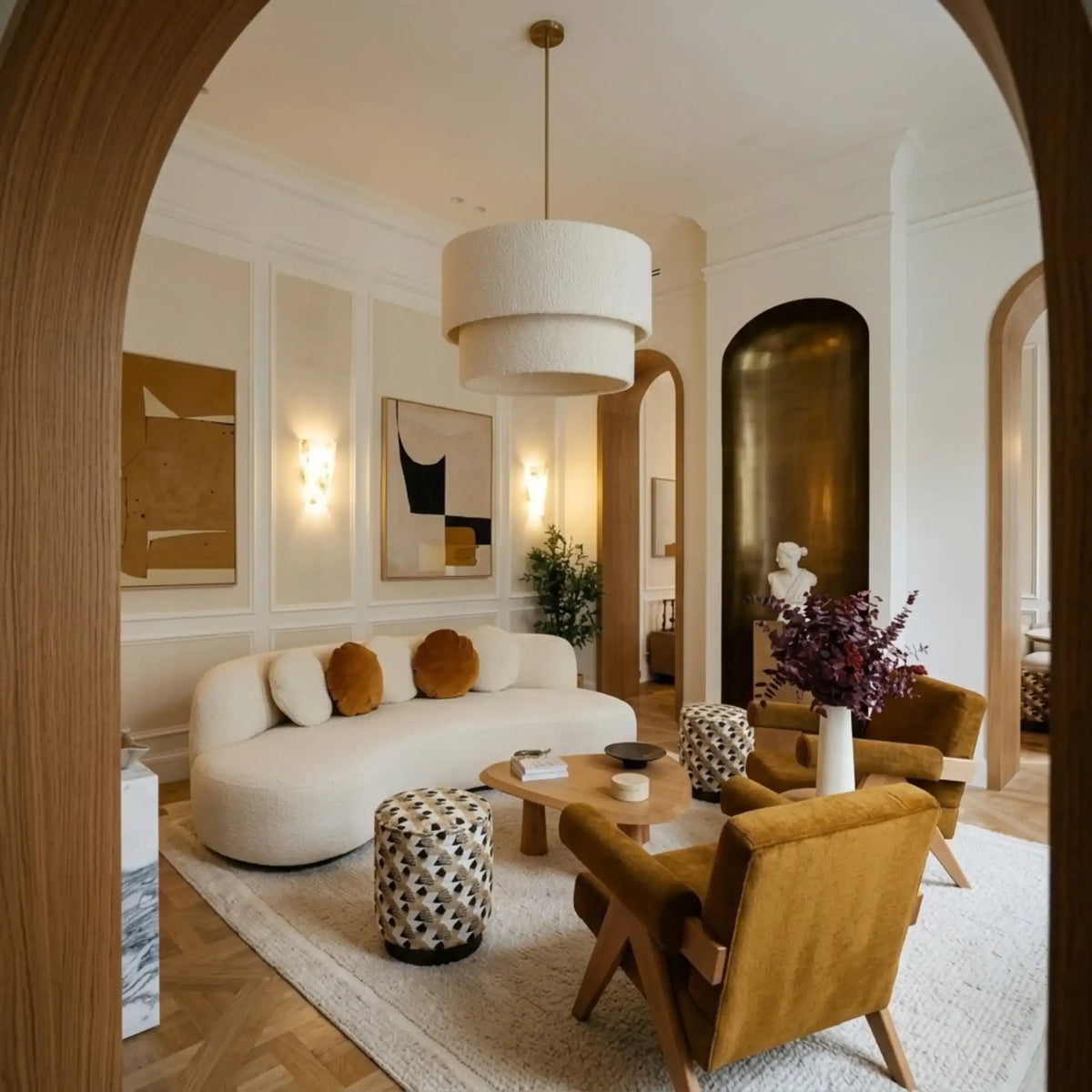 Lustre bouclette vu à travers une arche en bois, salon avec fauteuils en velours ocre et canapé écru