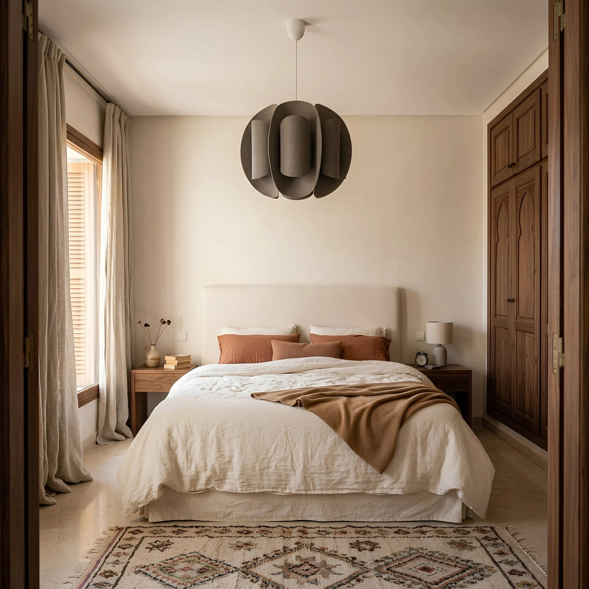 Suspension en tissu taupe au-dessus d’un lit blanc, dans une chambre avec armoire en bois et tapis à motifs.