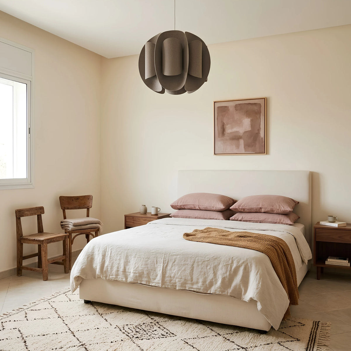 Suspension design taupe au-dessus d’un lit beige avec coussins roses et tapis à motifs.
