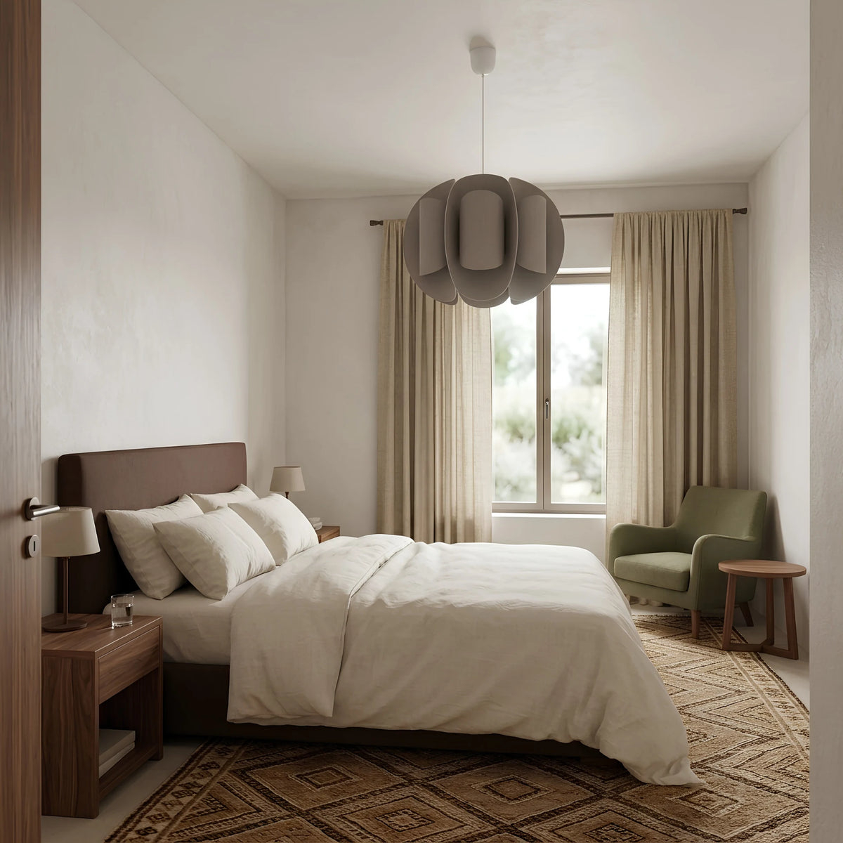 Suspension en tissu taupe dans une chambre avec lit blanc, fauteuil vert et rideaux beiges.