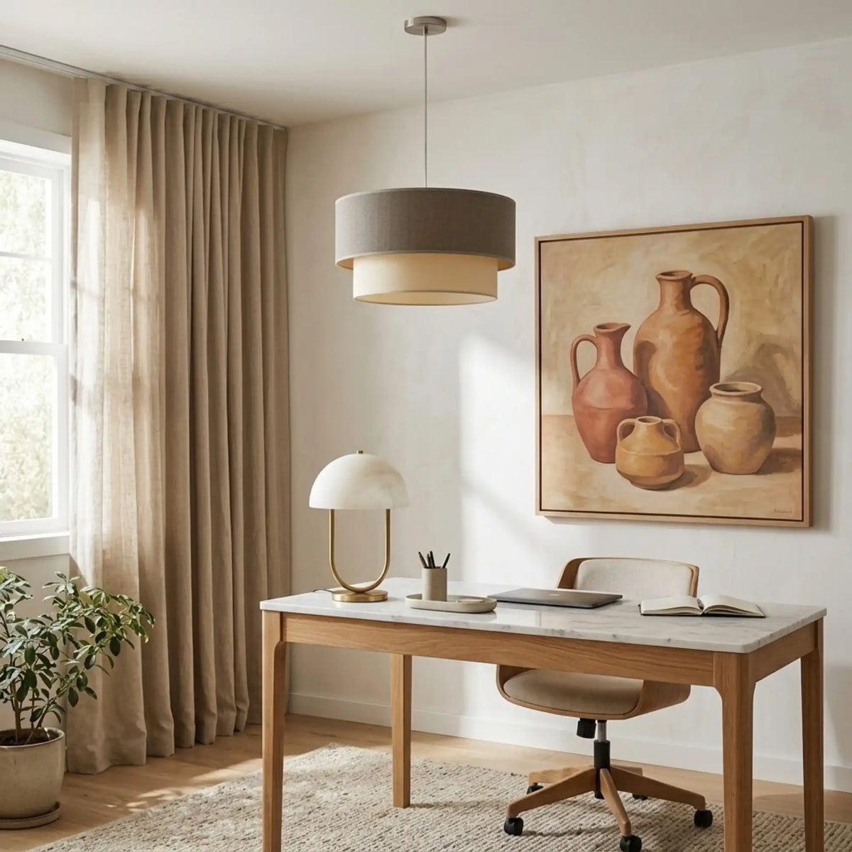 Suspension gris taupe et beige au-dessus d'un bureau en bois et marbre, tableau de jarres au mur