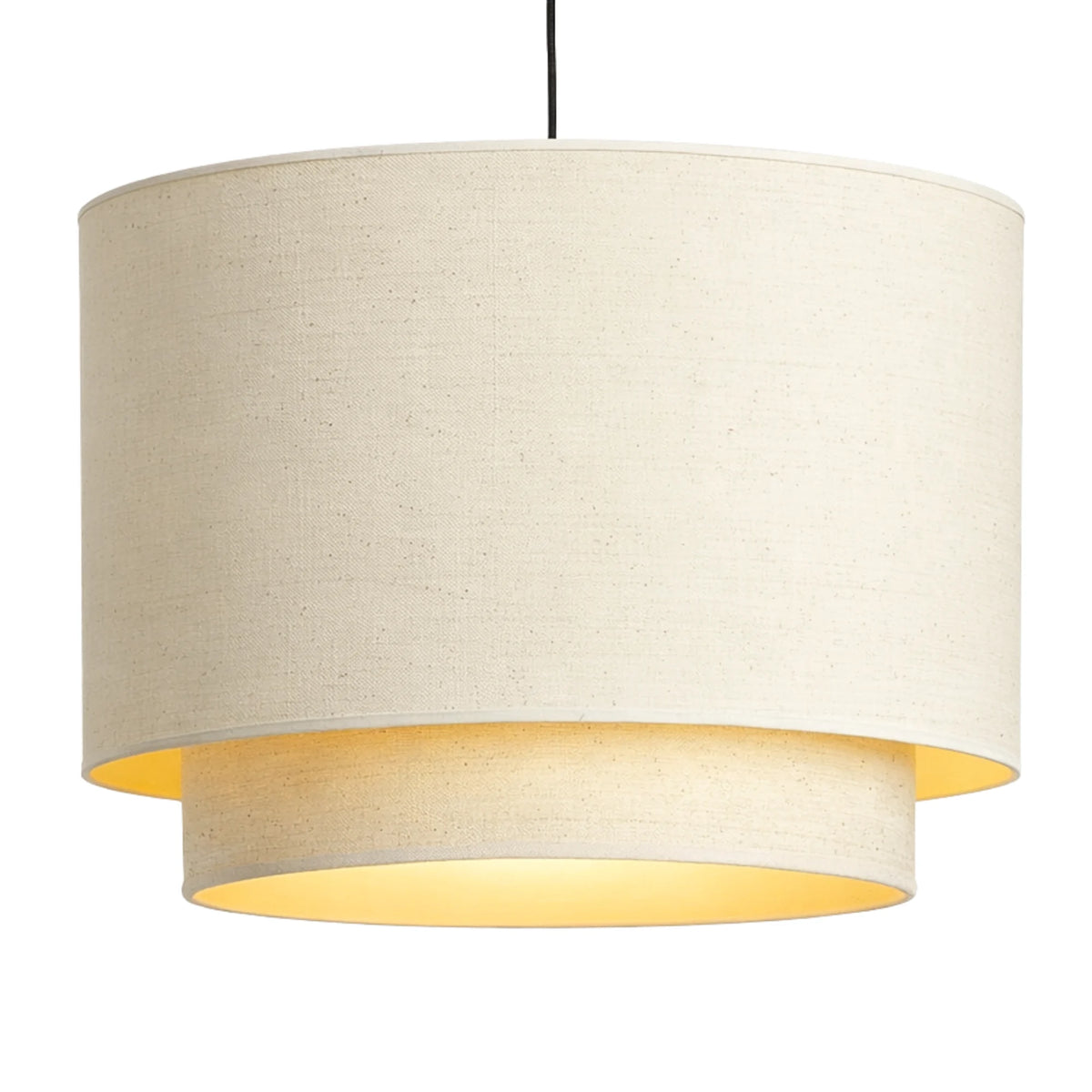 Suspension double abat-jour cylindrique en lin beige avec câble noir, sur fond blanc