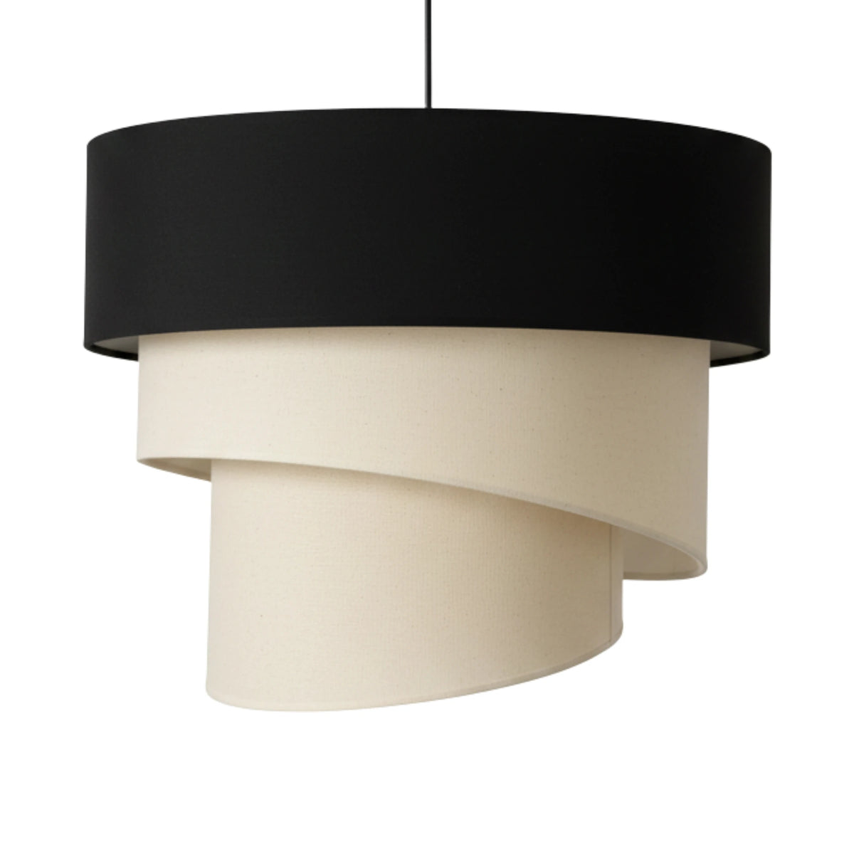Suspension design noir et écru à spirale de tissu, de Fiolla Home, sur fond blanc