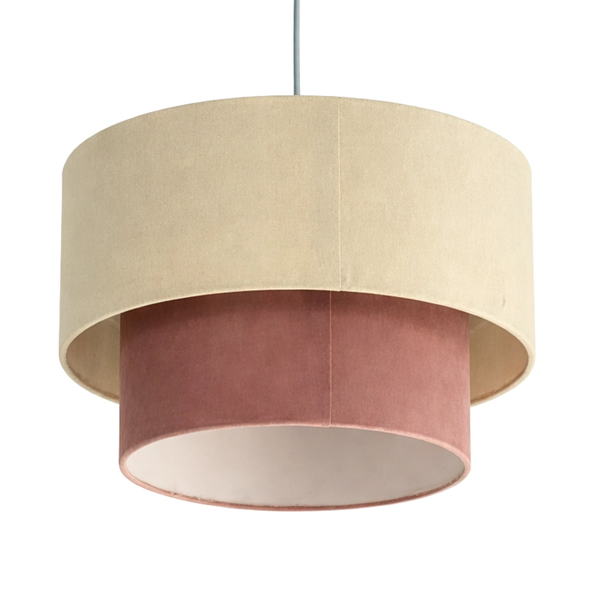 Suspension double tambour en tissu beige effet lin et vieux rose velouté, de Fiolla Home, sur fond blanc