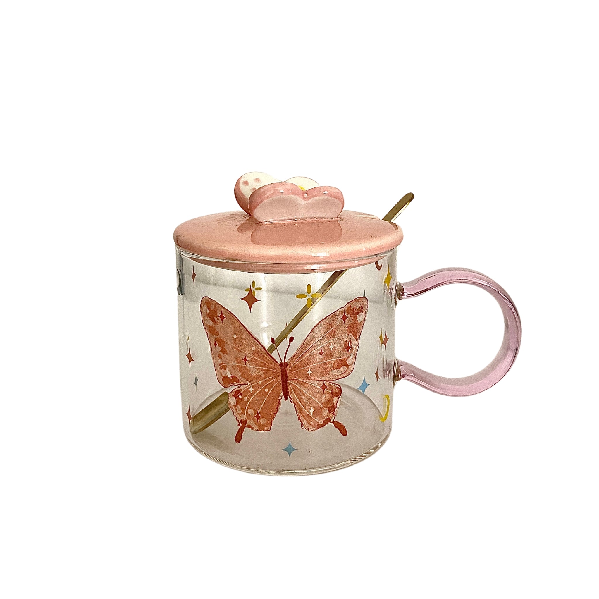 Tasse en verre transparente avec motif papillon rose et couvercle